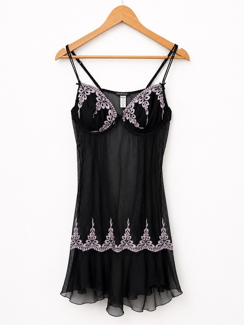George Black Mesh Babydoll Lingerie | Pink Embroidered Lace | Size Large (12-14)